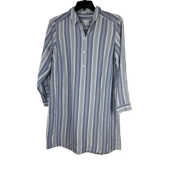 J. Jill Tunic Shirt Dress Long Sleeve Blue White Striped Women's Medium Petite - Picture 4 of 11